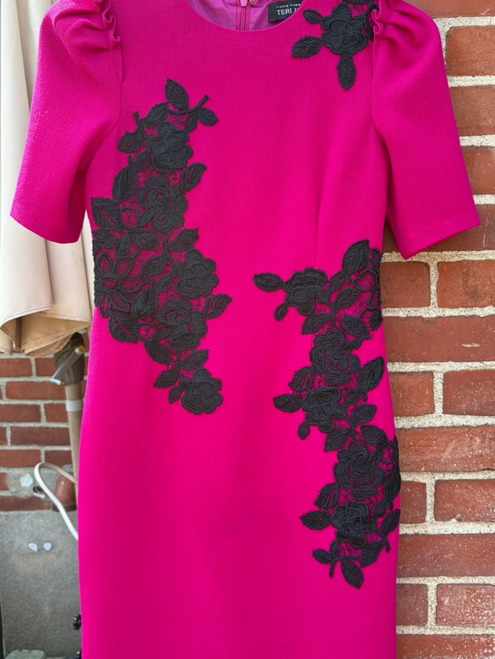 Rickie Freeman for Teri Jon Hot Pink Midi Dress with Black Floral Appliqué
